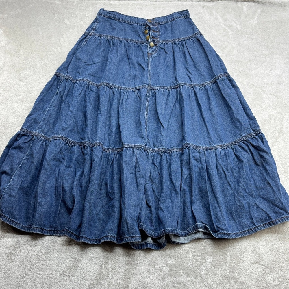 Cider Tiered Maxi Skirt Womens M Blue Denim Button Front Boho Flowy Cottagecore